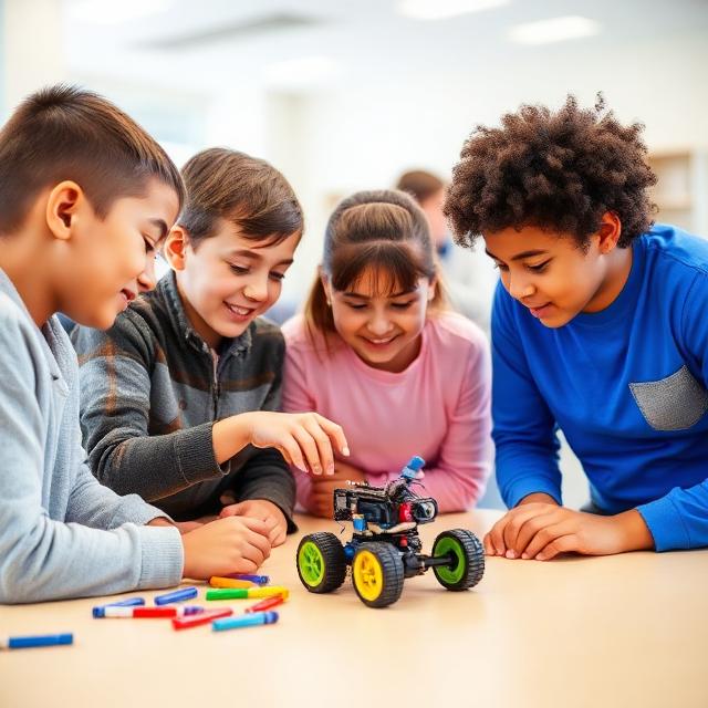 Niños colaborando en un proyecto de robótica