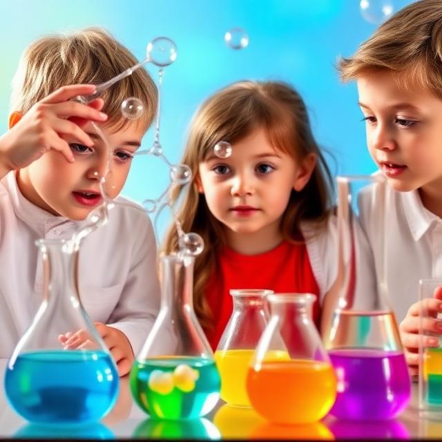 Niños observando un experimento de química con burbujas